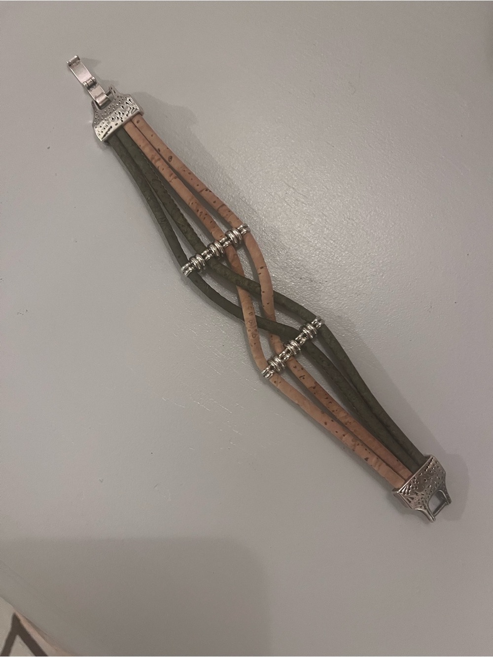 Multistrand Olive and Tan Leather Bracelet with Silver Accents